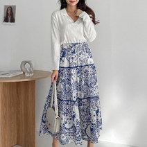 [프롬제니] 메리 3단 캉캉 플라워 나염 밴딩 롱 스커트 티어드 여름 치마 A라인 미디 에스닉 보헤미안 프린트 플로랄 잔꽃 봄 화사한 로맨틱 러블리 밴드 꽃무늬 꽃치마