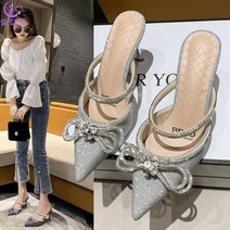 셀럽당 여성용 큐빅리본 스틸레토 뮬 힐 7cm