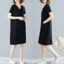 브이넥 반팔 블랙 무지깔끔 원피스 3XL까지