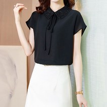 다이뻐 리틀깽스 빅사이즈 심플 블랙 여성스러운 여름 반팔 출근룩 오피스룩 구슬카라 리본 부들부들 쉬폰 블라우스