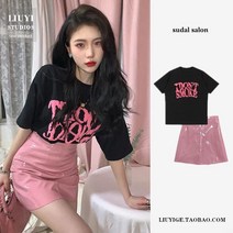 프린트 티셔츠 핑크 랩 힙 스커트 가죽 스커트 소금 스위트 투피스 여하 小小자