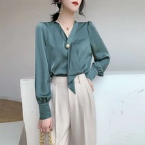 [이꾸띠] 아비리 봄 가을 2040 여성 브이넥 무지 끈 포인트 단아한 스타일 4컬러 쉬폰 블라우스