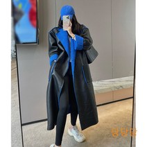 코발트블루 그린 퍼플 보라 블랙 레더 가죽 배색 양면 양털 뽀글이 롱 바바리 트렌치코트