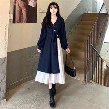 (랑맘) 여성복 화이트 주름 네이비 원피스 봄 가을 오버빗 빅사이즈 주름 원피스