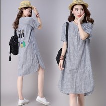 Happy shopping 여자 백 프린트 스트라이프 반팔 원피스