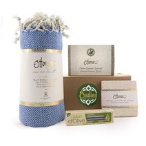 OUDIEN 사우나 타월 선물세트 비누와 오스만을 위한 블루 인텐시브 케어 크림 코스터 각질 장갑과 하맘 비누 세트 427864, blue