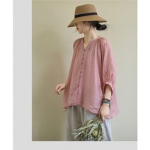 [이꾸띠] 인훠리 봄 가을 2040 여성 헨리넥 무지 소매 7부 단추 포인트 면 마 혼방 개성 있는 디자인 2컬러 블라우스