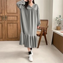 브이와이 여자 랩 임산부 롱슬리브 V넥 잔주름 롱원피스