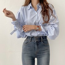 입꼬 박시핏 소매 랩리본 스트라이프 카라 셔츠2color
