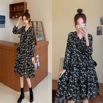 예쁜 플라워 패턴 단정한 브이넥 셔링 허리 밴딩 여성 미니 원피스 꽃무늬 봄 여름 잔꽃 긴팔 데일리 데이트 룩 캐주얼 홈웨어 이지 웨어 플레어 스커트 치마 A라인 사계절 레이어드
