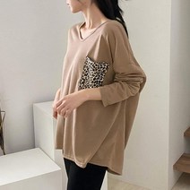 옷자락 여자 가을 브이넥 포켓 호피 오버사이즈 긴팔티셔츠