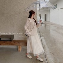 러블리 데이트 베이지 니트 플리츠 캉캉 롱 스커트 세트