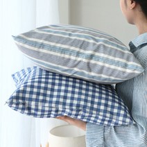 [아망떼] 로이젠 린넨 스트라이프&체크 쿠션커버+솜45x45, 색상:블루_체크
