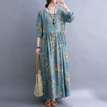 가을 빅사이즈 자연주의 꽃 무늬 프린트 긴팔 드레스 원피스 하늘색 간절기 휴가 신혼여행