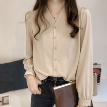 [정스토어 ] 여성블라우스 셔츠 어깨뽕 브이넥남방 #999EA