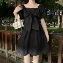 퐁순싸롱 코튼 면 왕 리본 반팔 A라인 플레어 미니 원피스 SY