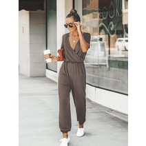 점프수트보드복 스노우보드복 남자보드복MISS PETAL V-neck 여성용 짧은 소매 점프 슈트 캐주얼 롱 조깅 바