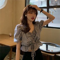 스퀘어넥 크롭 체크 가슴셔링 코튼 면 블라우스 퍼프 여름 반팔 샤랄라 벌룬 주름 SY