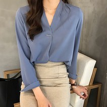 시둥마켓_실크셔츠 여성 브이넥블라우스 정장 기본 여자남방 솔리드 단색 실키