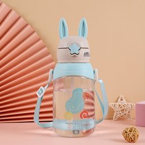큐티스타 뚜껑 토끼 귀 빨대컵 플라스틱 물컵 멜빵 대용량 야외컵, 시안, 750ml