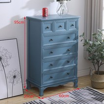 빈티지 원목 서랍장 엔틱 안방 와이드 수납장 서랍형 정리함 협탁, 완제품, 멜란지블루 7칸