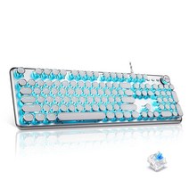 Alkem 기계식 게이밍 키보드 30 LED 백릿 화이트 레트로 타자기 키보드 풀 사이즈 104키 USB 유선 레트로 스팀펑크 키보드 블루 스위치 인체 공학적 키보드 금속 패널 (