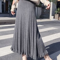 홍공장(당일출고) 여성 겨울 니트 스커트 롱 니트롱치마 모직 꽈배기 플레어
