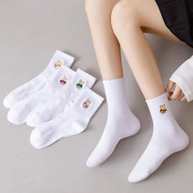 포그니 여성용 곰돌이자수 화이트 중목양말 5종세트+머리끈