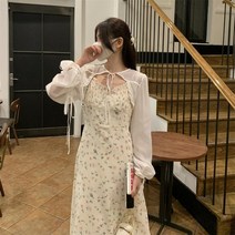 봄 신상품 원피스 특이한 시폰 슬립 원피스 + 긴 소매 외투