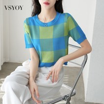 VSYOY 박시한 니트여 여름 여성복 루즈핏 반팔티 라운드 쇼트 탑 패션