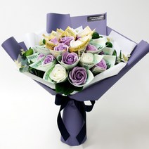 [토퍼증정]수플라워앤가든 돈꽃다발 돈다발 장미 유칼립투스 바이올렛+쇼핑백, 18송이