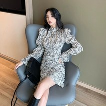 쁘띠 잔꽃 플라워 하이넥 반목 퍼프 소매 언발 셔링 원피스