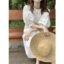 펀칭소매 봄 팔뚝커버 벌룬 퍼프 루즈핏 롱원피스 화이트 드레스