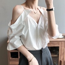오픈숄더 어깨끈 나시 바스락 하얀 쿨 셔츠블라우스 유니크한 어깨오픈 특이한 핏예쁜 셔츠