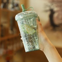 420ml Ins 버블 티 컵 반짝이 물병 이중 레이어 휴대용 텀블러 빨대 플라스틱 커피 뚜껑 누수 방지 컵, 02 Green_01 320ml