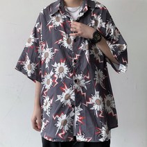 남녀 하라주쿠 풀데이지 번개 프린트 반팔 셔츠 남녀 러쉬 커플룩