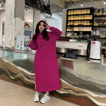 위위브렌 여성용 긴팔 기모 빅사이즈 루즈핏 후드 롱 원피스