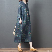 [바니드] 봄가을 라인 데일리룩 루즈핏 인기원피스 빅사이즈 린넨 플라워 패턴 0814