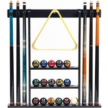 Billmart 수영장 스틱 홀더 벽 마운트 8개의 큐 솔리드 우드 당구 랙 당구대 액세서리 (블랙), Black
