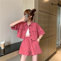 Hiromori 패션 슈트 여학생 키 작은 카고 상의 빅 포켓 와이드 팬츠 투피스