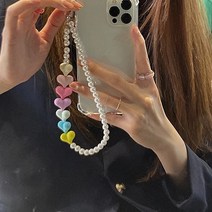 AOMU 한국 새로운 마카롱 다채로운 하트 꽃 진주 아크릴 페르시 전화 체인 스트랩 여성용 매력 전화 끈 액세서리