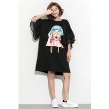 써스데이아일랜드 스타일 원피스 XITAO 스플 라이스 리본 만화 패턴 퍼프 메쉬 슬리브 플러스 사이즈 캐주얼 파티 블랙 스타일 DLL2106