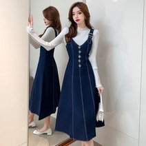 런메시 Runmecy 여성 데님 멜빵 스커트 슬림 나시 원피스