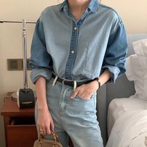 네모엔룩 여성용 데님리버시블 연청 진청 투톤 카라넥 루즈핏 양면 청남방 데님 셔츠 NL