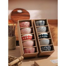 레트로 밥그릇 일본식 식기 붉은 푸른, 레드 (선물상자 5개)