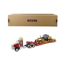 XL 120 로우 트레일러와 CAT 캐터필러 12M3 모터 그레이더 2피스 1/50 다이캐스트 모델 85598을 갖춘 인터내셔널 HX520 탠덤 트랙터 레드.BGSL