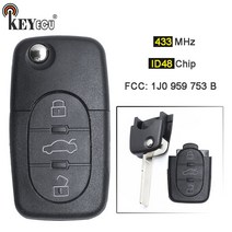 자동차키 차량용스마트키KEYECU-3 버튼 원격 키 Fob 플립 433MHz ID48 칩 1J0 959 753 B 폭스 바겐 파사트, 한개옵션0