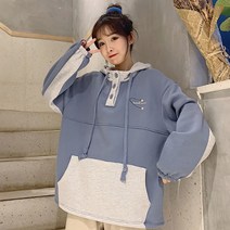 JUST FEEL!NG 빅사이즈 여성복 여성 가을 겨울 박시핏 후드 기모 맨투맨 아우터 배색 버튼 긴팔 후드티 티셔츠
