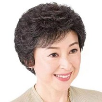 할머니 가발 중년 여성 통가발 여자 자연스러운 노인 단발머리 리얼머리 곱슬머리 연기 부인 시어머니 머리커버, 8블랙2화이트고온사송모망빗