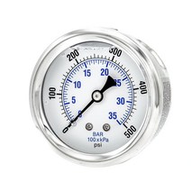 [정품] 액체 충전 센터 백 마운트 압력 게이지 64cm(25인치) 다이얼 0-500 PSI 06cm(1/4인치) 수 NPT 연결 스테인리스 스틸 케이스 베젤 (1) 227088